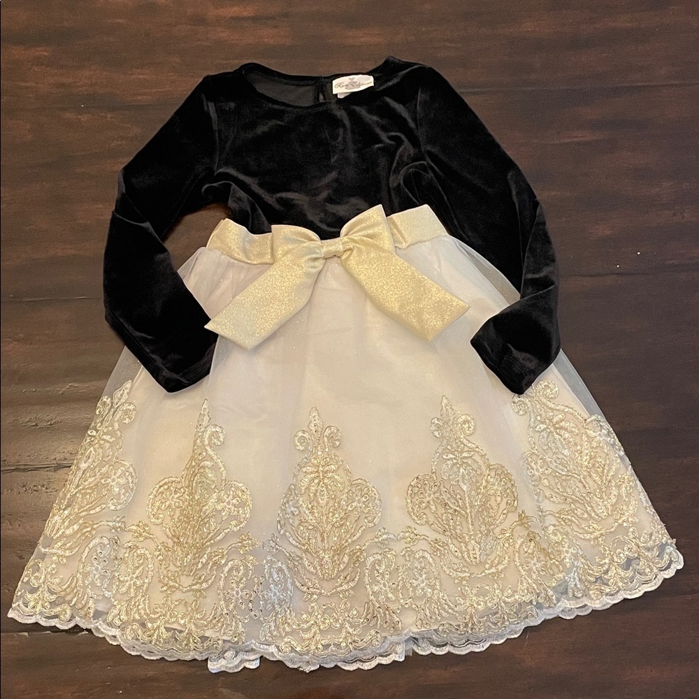 Rare Editions Black Velvet Dress with Gold Embroidery